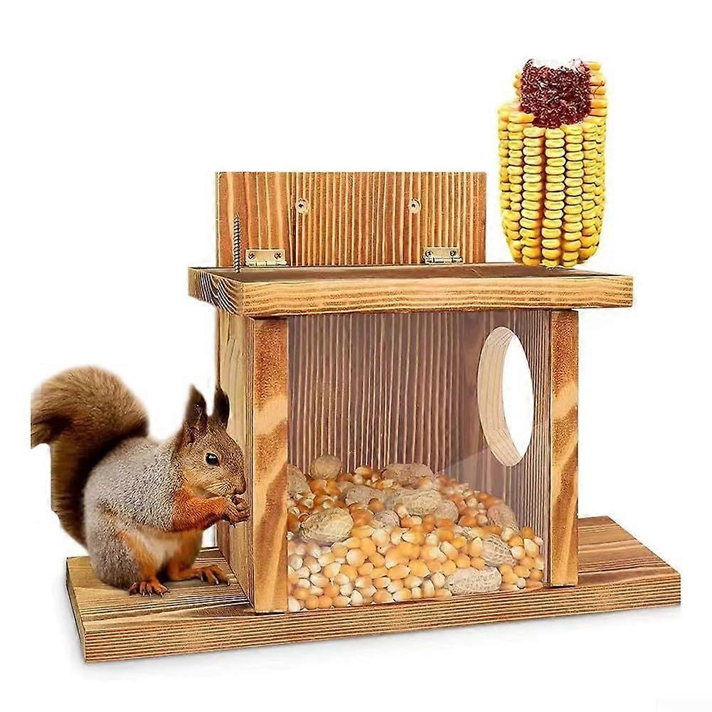 Flexible roof design on squirrel feeder made of wood, perfect addition to your outdoor area for wildlife observation