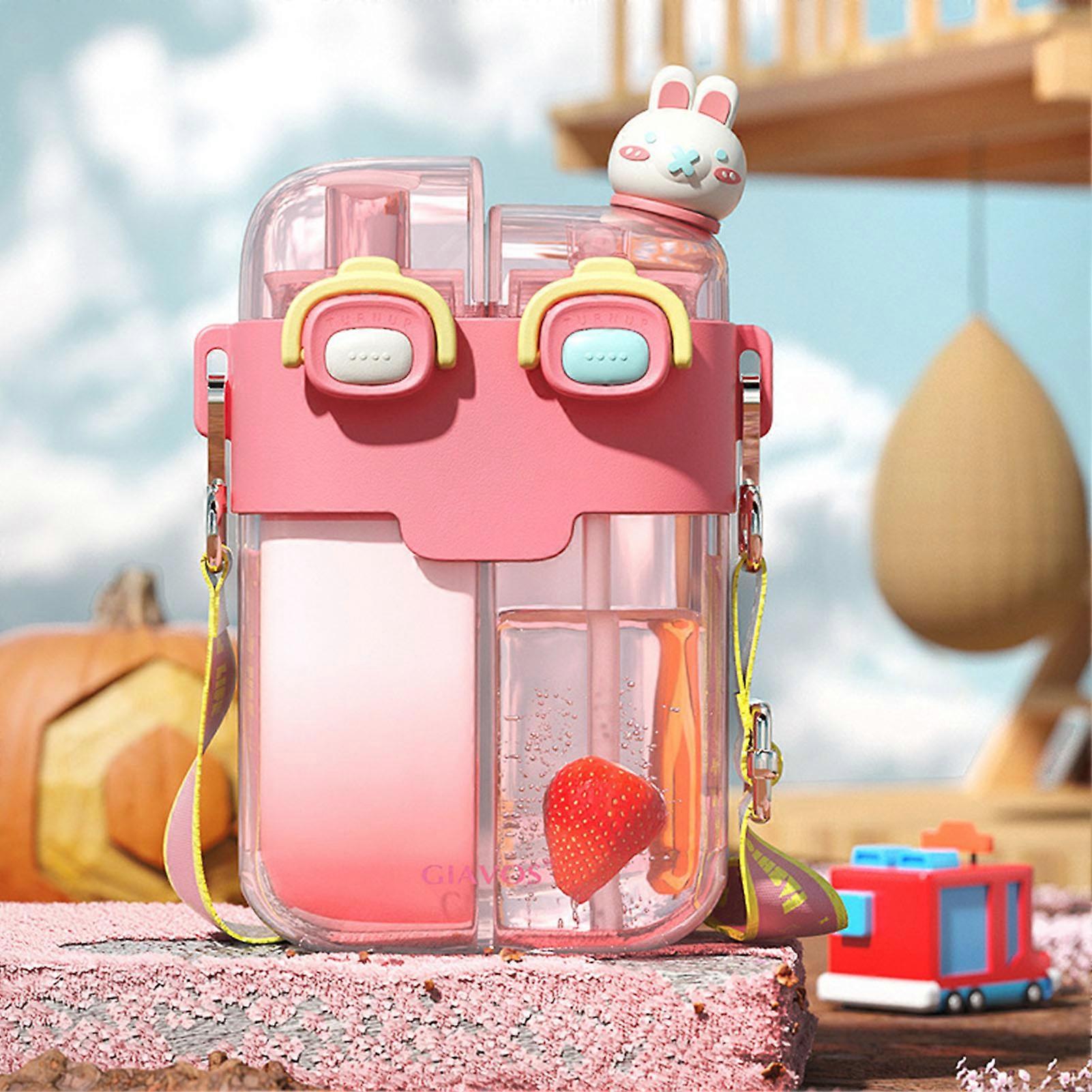 Kawaii Fashion Plastic Water Bottle with Straw and Adjustable Strap for Outdoor Sports and Travel, Coral Pink, 780ml