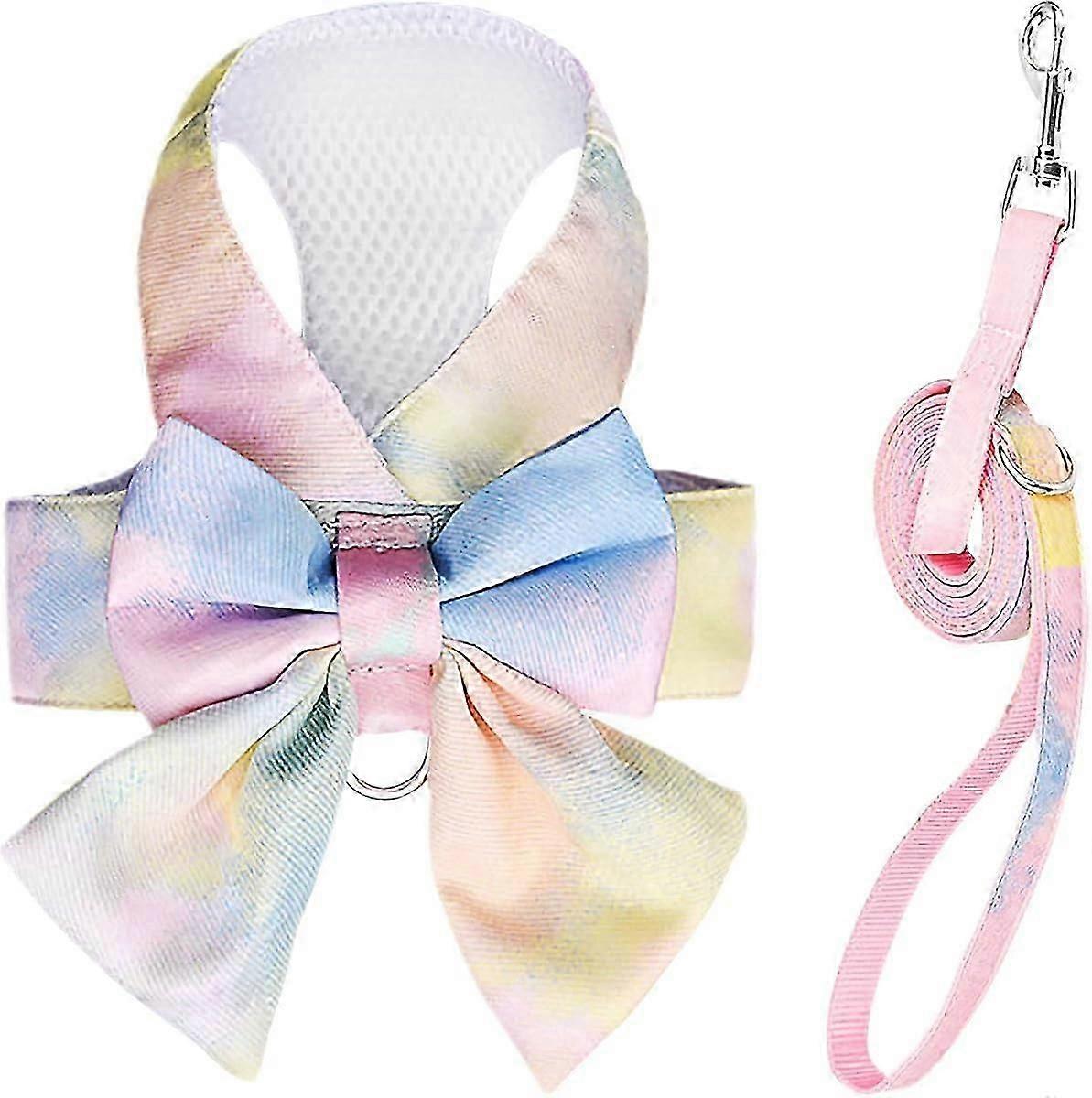 Cute Bow Tie Dog Harness and Leash Set Elegant Rainbow Gradient Puppy Harness No Pull Soft Mesh Pet Cat Dog Vest Harnesses for Small Dogs Cats, Yellow