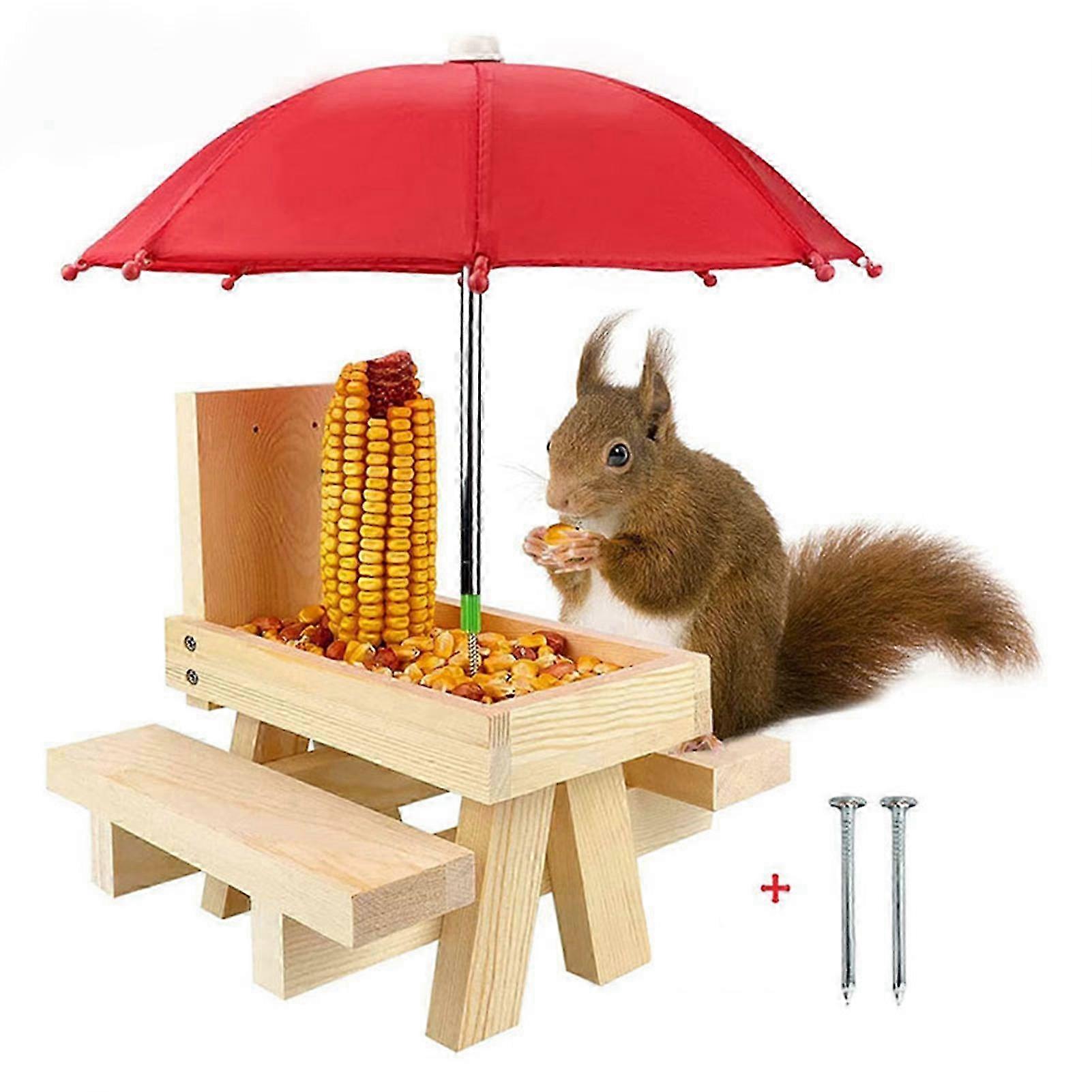 Wooden Squirrel Picnic Table Feeder for Outdoor Garden Park with Red Umbrella