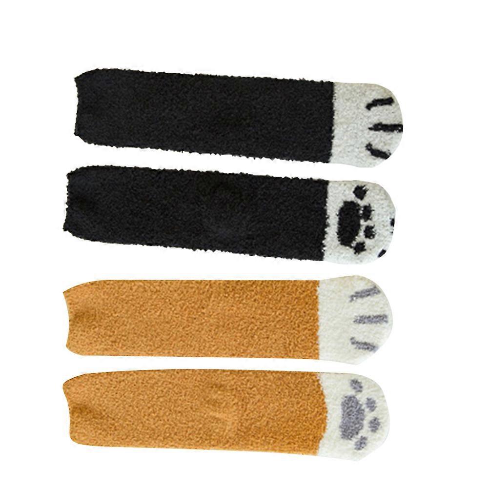 Novelty Socks Cats Pattern Coral Fleece Bed Socks Yellow For Sleeping 2 Pair