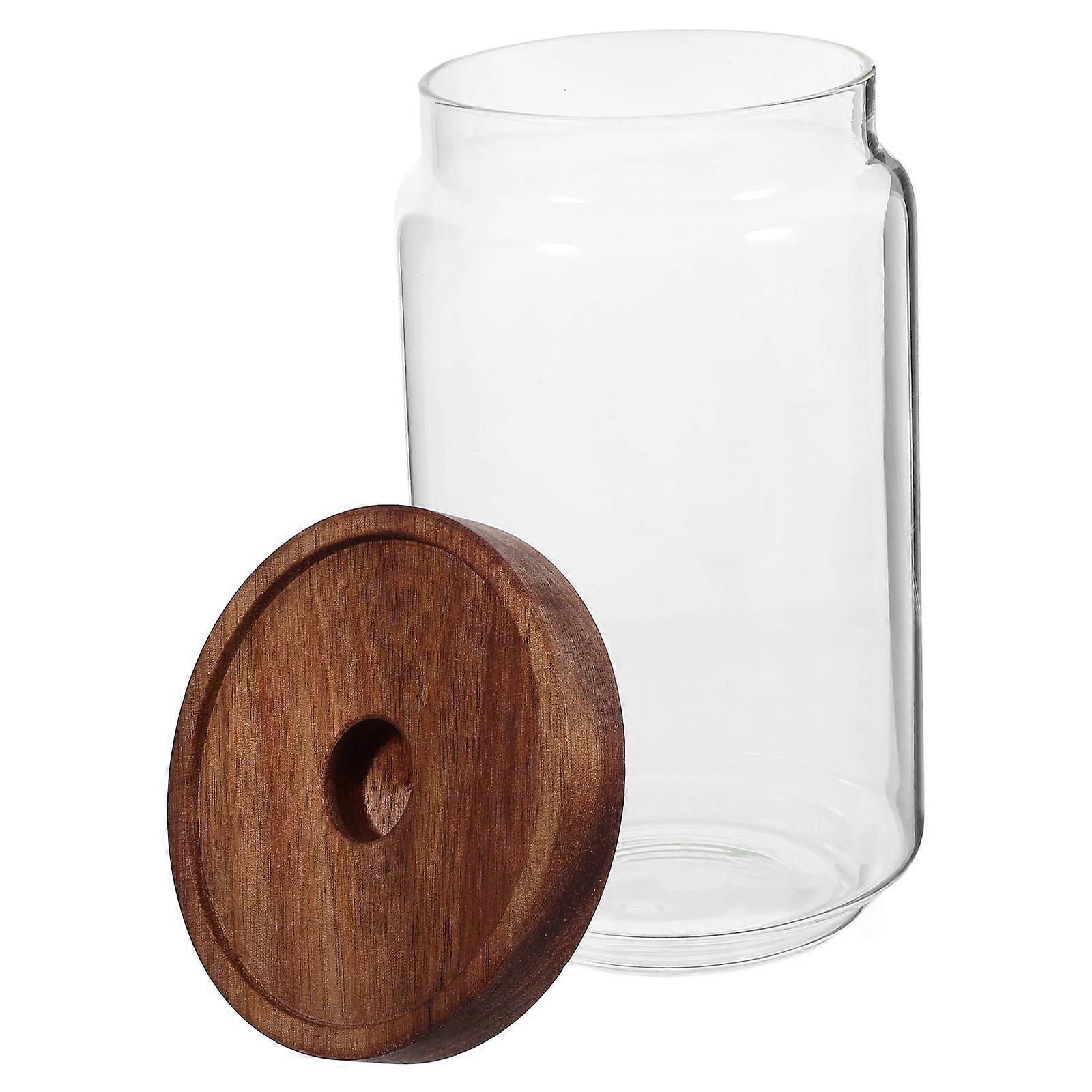 Transparent Glass Storage Tank with Wooden Lid for Snack Organizer High Borosilicate Portable 750ML