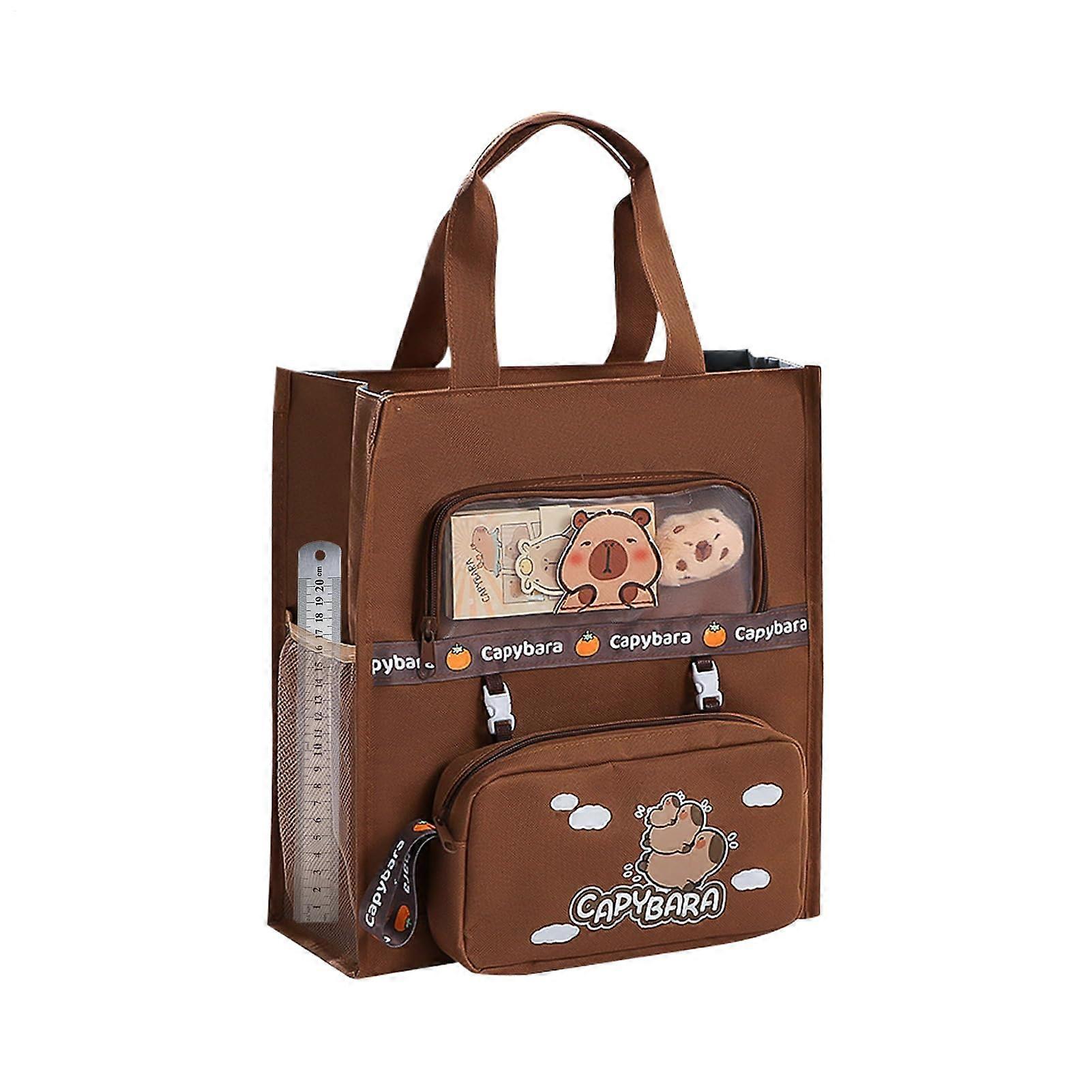Animal Canvas Tote Bag with Multiple Pockets, Practical Travel Bag for Kids, Teens, and Students Dark Coffee