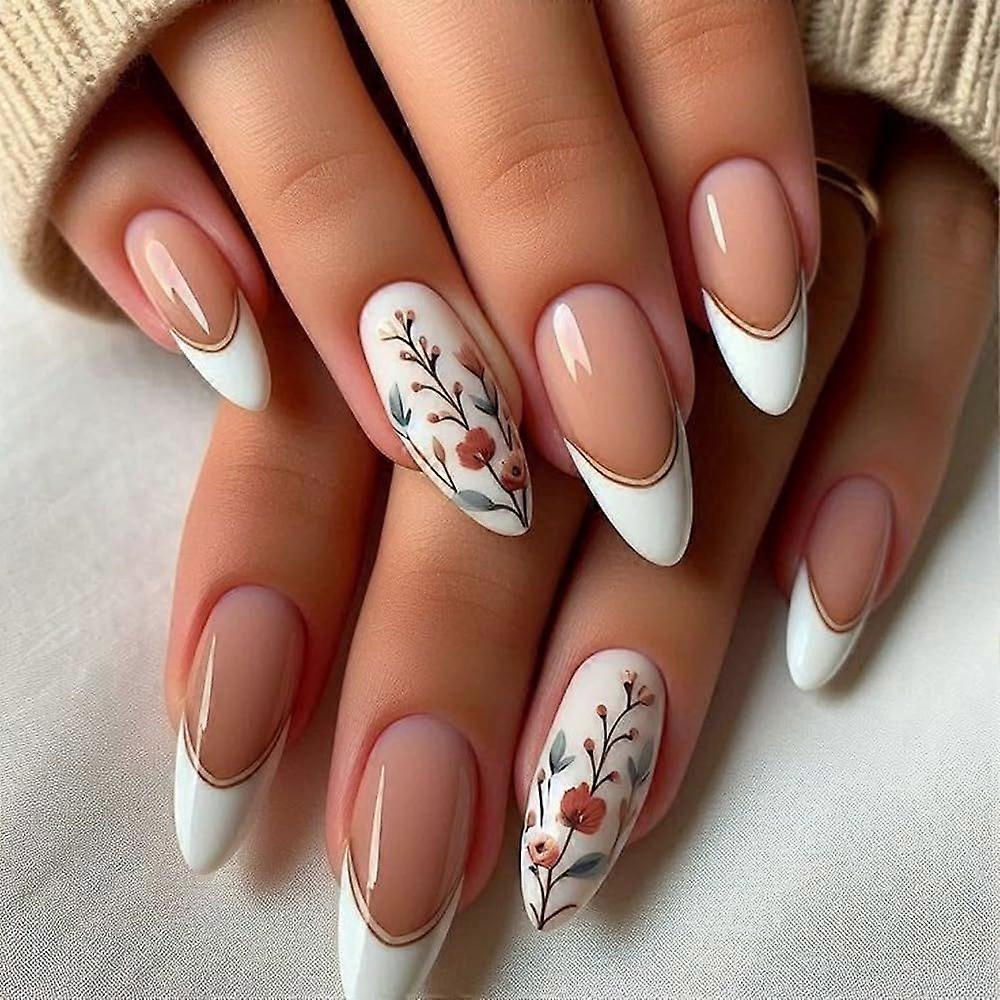 Almond Press on Nails Medium White French Tip Fake Nails False Nails with Tulip Flowers Designs Nude False Nails Full Cover Glossy Glue on Nails Acryl