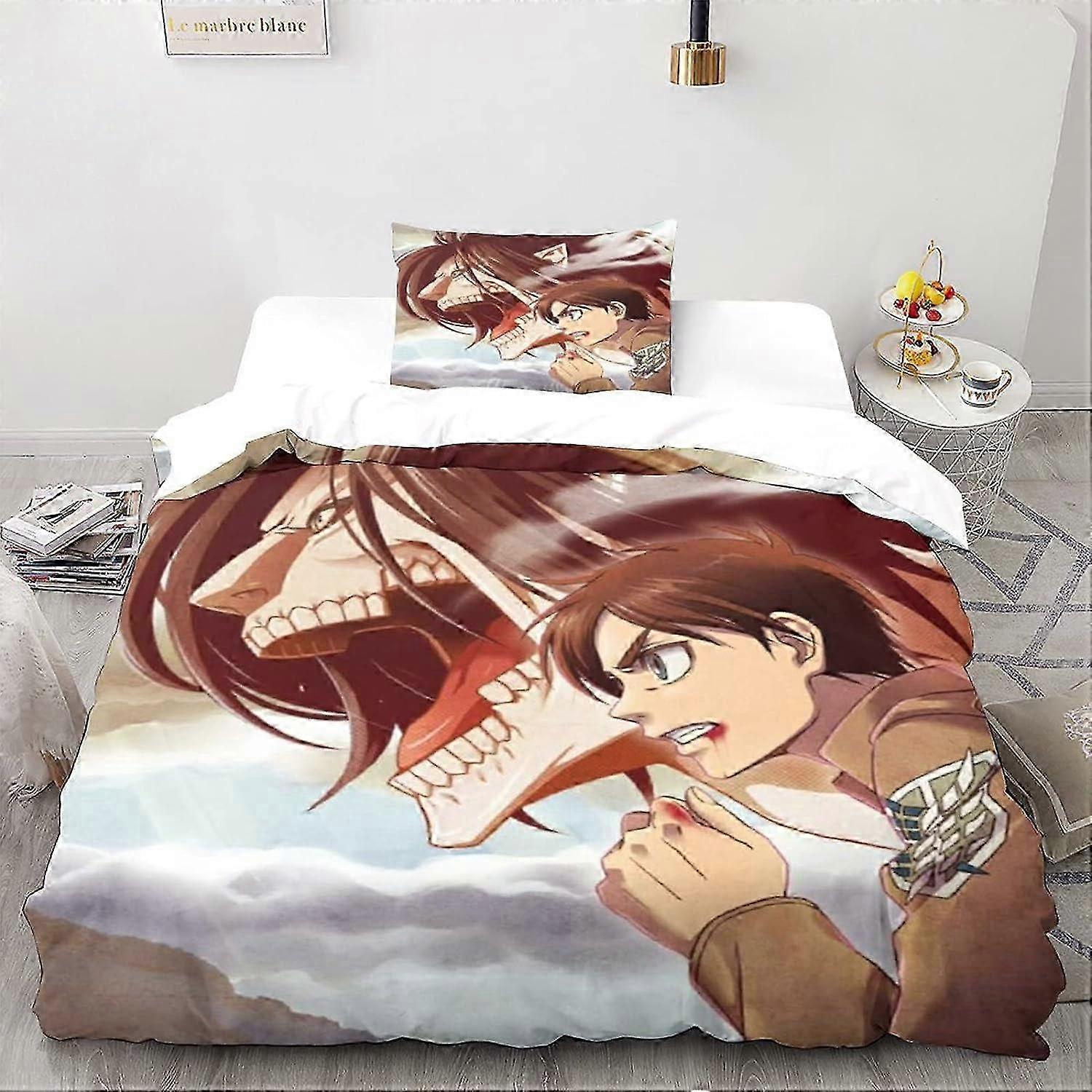 2025 Attack on Titan sängkläder, mikrofiber anime sängkläder set Allergivänliga påslakan med örngott (Japan, enkel) 135*200 CM
