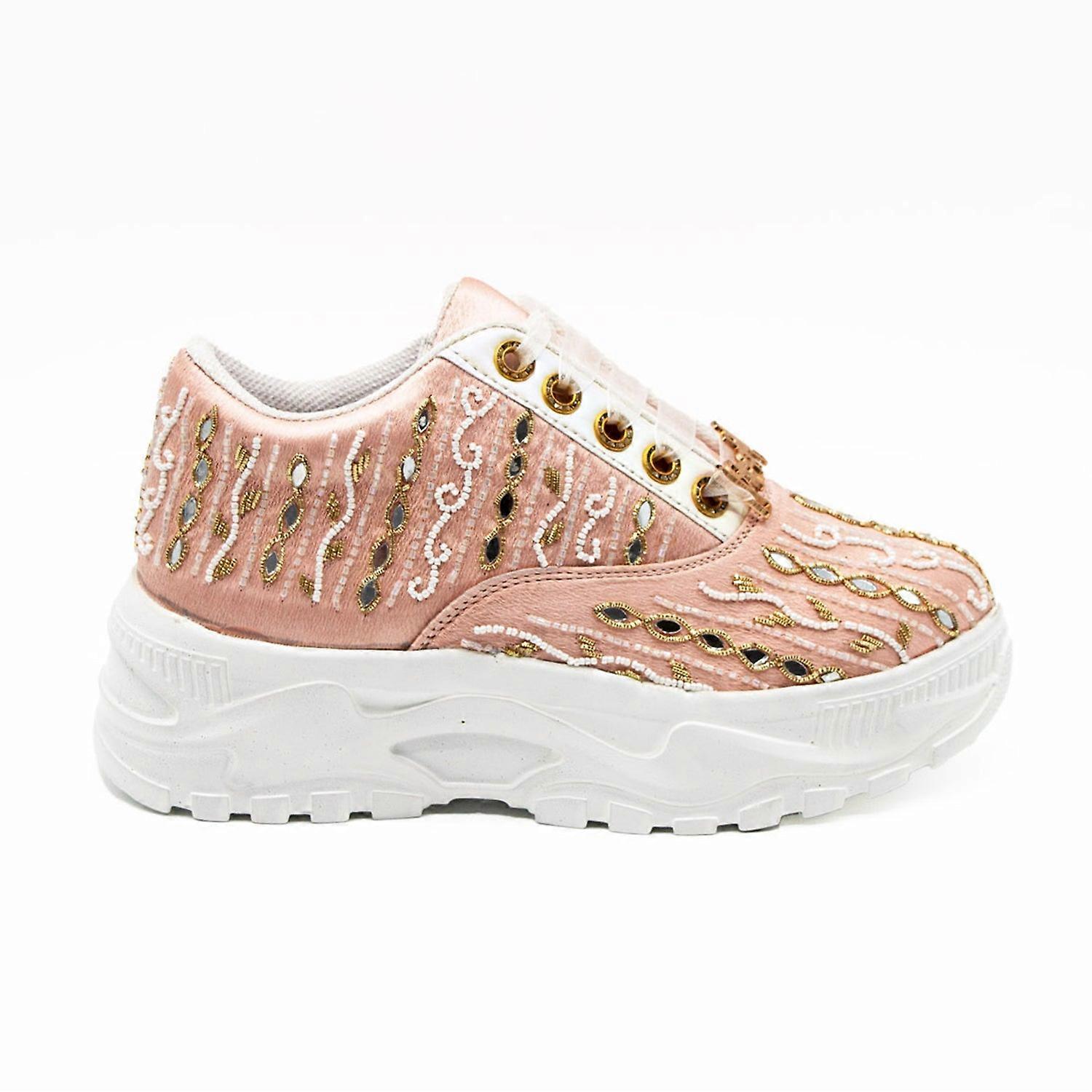 Mia luxury pink satin handmade embellished trainers