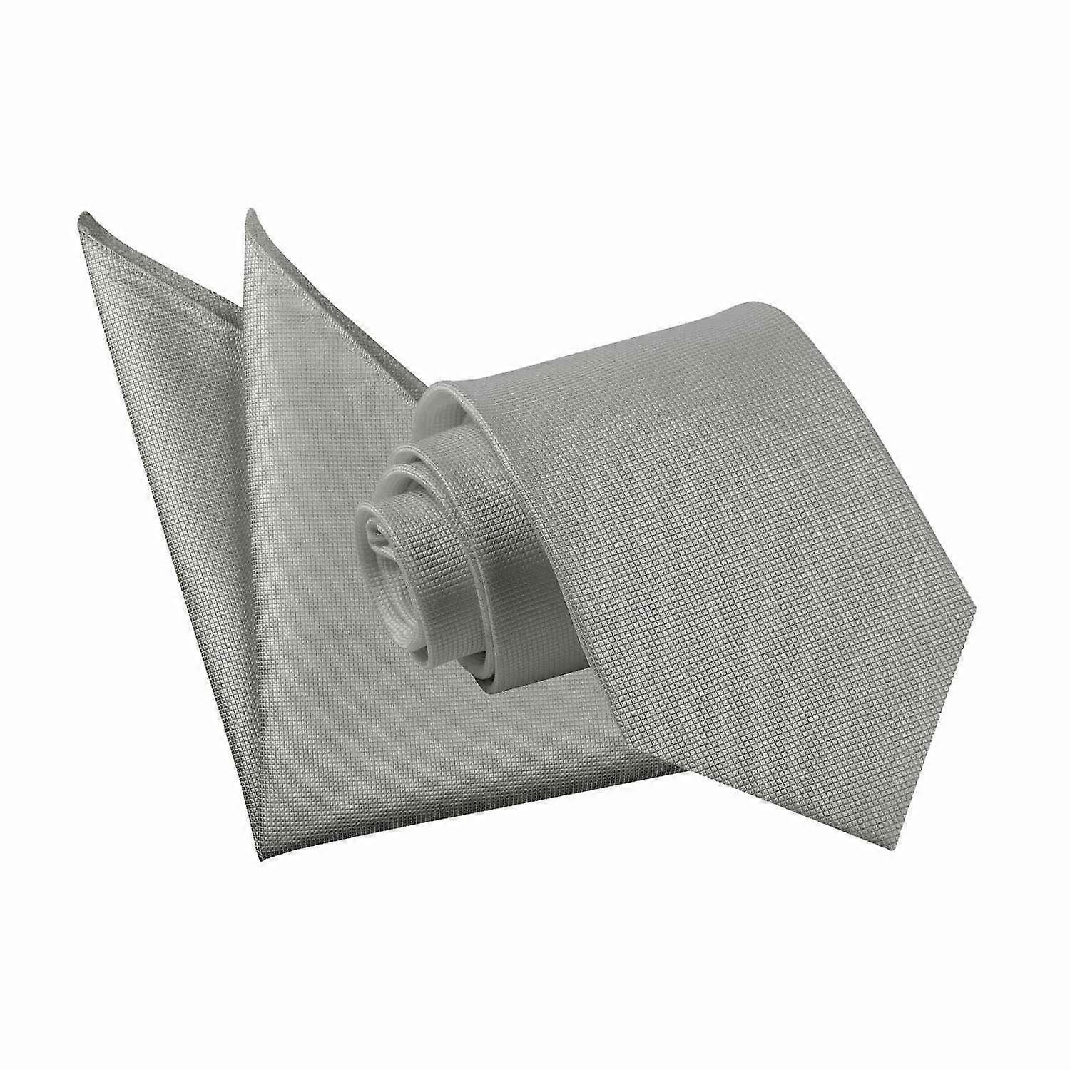 Silver Solid Check Tie and Pocket Square Set