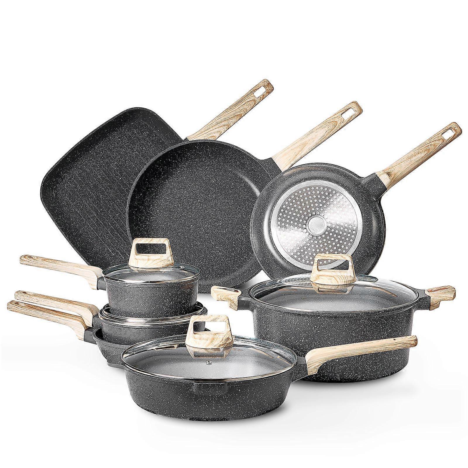 19 Piece Pots and Pans Set, Granite Nonstick Cookware Set, Induction Cookwares, Kitchen RV Cooking Sets, Black