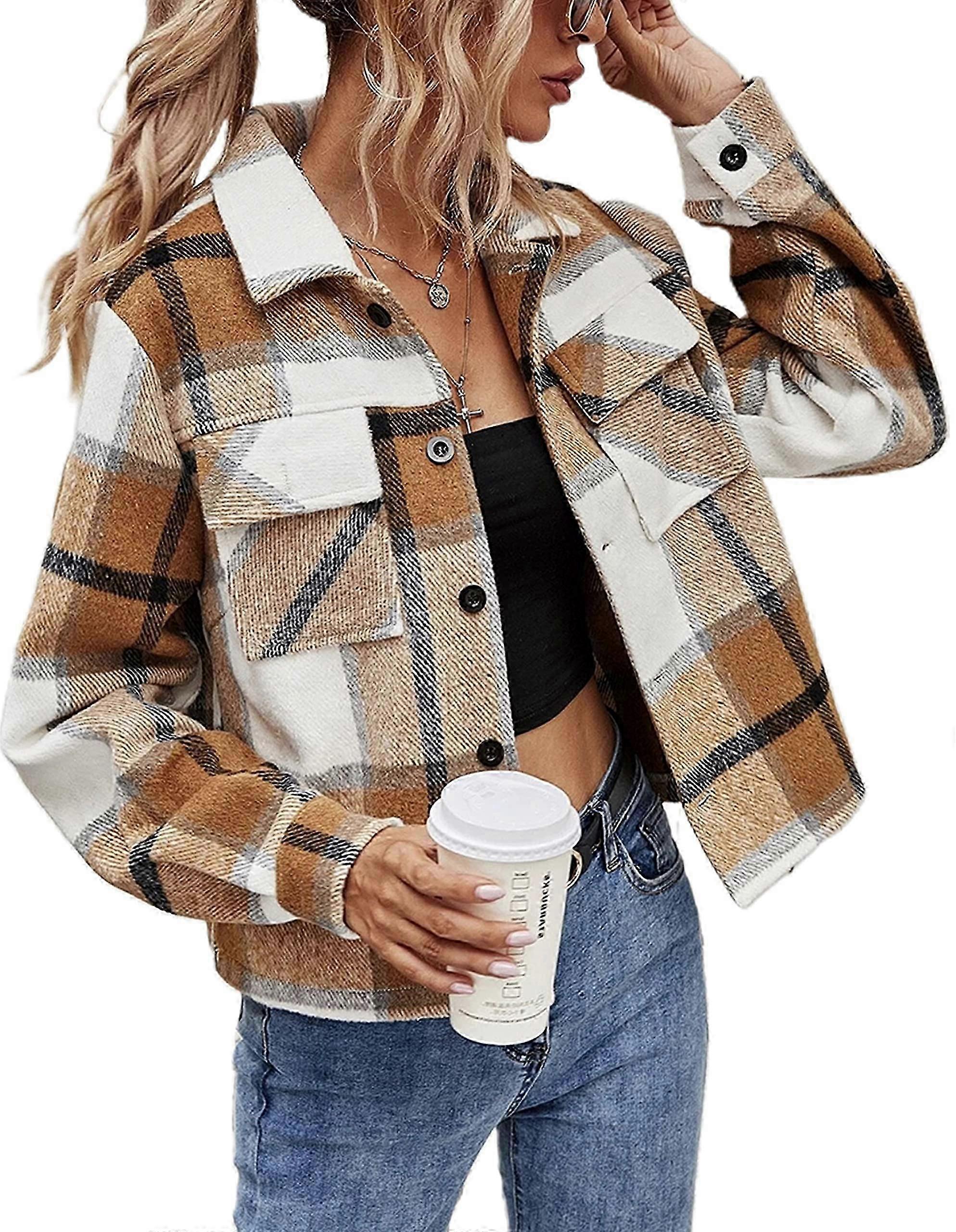 Women Long Sleeve Button Down Jacket Ladies Autumn Plaid Coat Short Overshirt