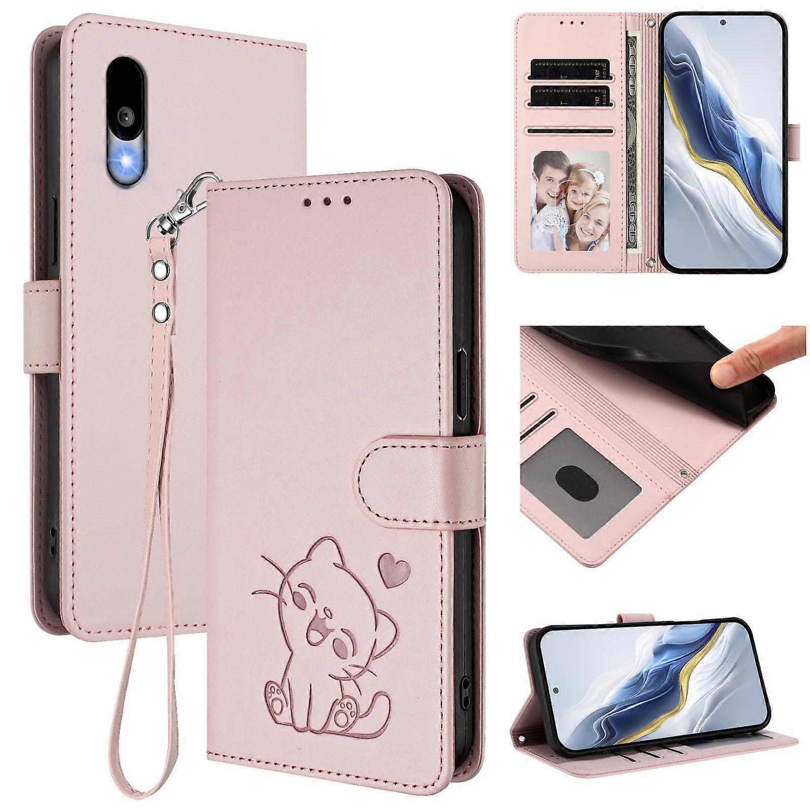 Embossed Heart Cat Leather Phone Case with Strap