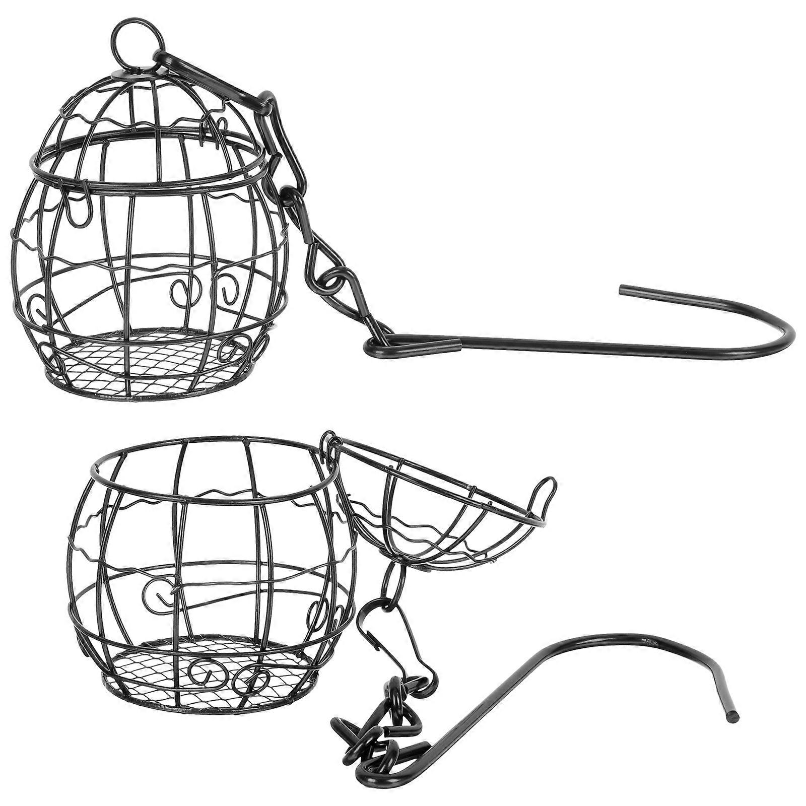 Durable Iron Wire Hanging Bird Feeder with Chain for Outdoor Use Black Color 2pcs