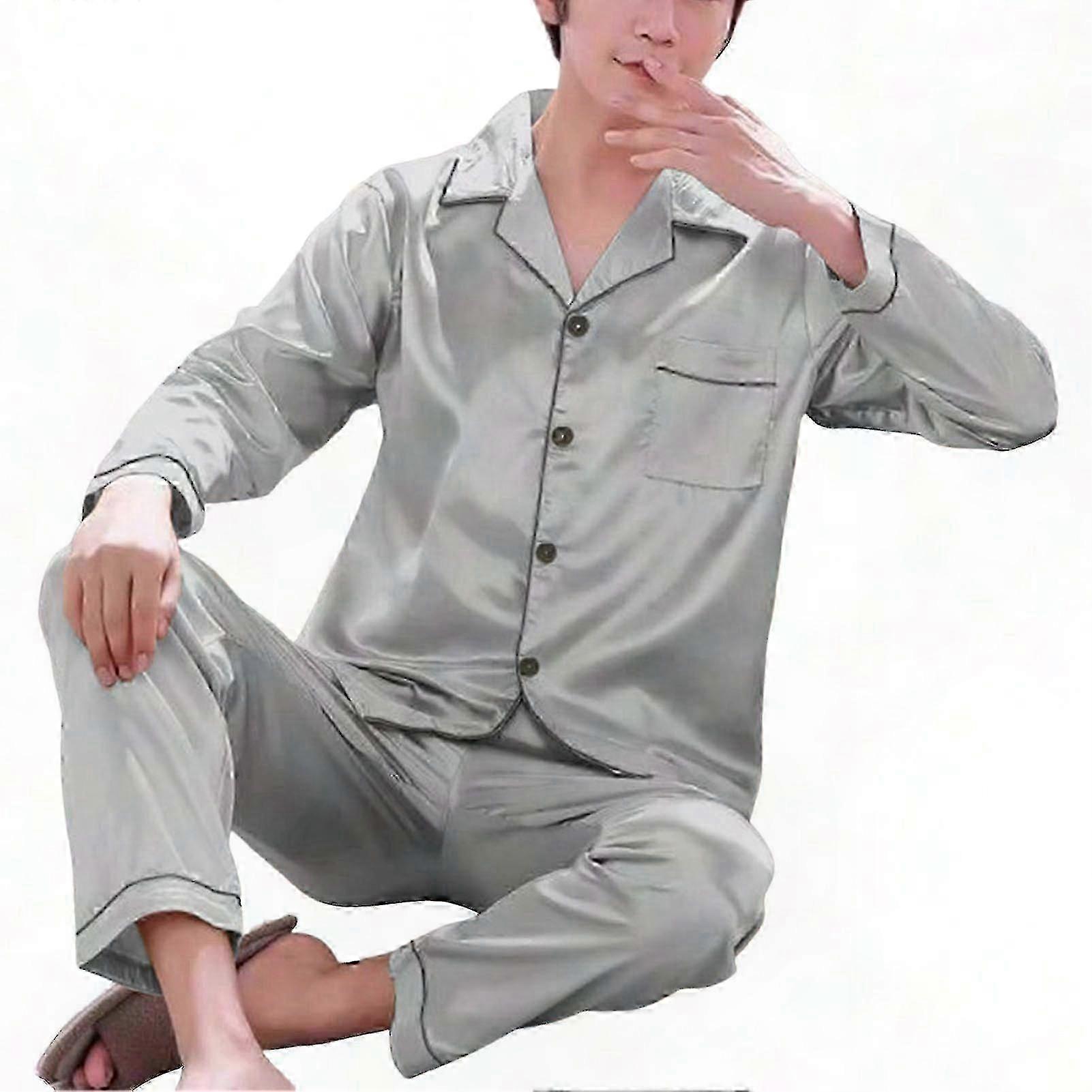 Herren Langarm-Seidenpyjama-Set - Einfarbige lockere Passform Plus Size Nachtwäsche für den Heimgebrauch