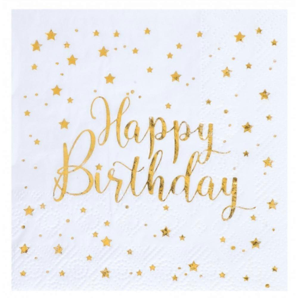 Serviettes de table cocktail Happy Birthday en or x10