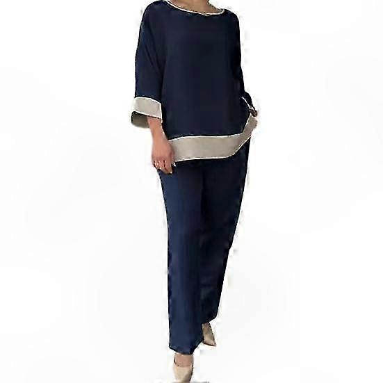 Women's Two-Piece Set: Contrast Color Top and Pants with Round Neck and Three-Quarter Sleeves