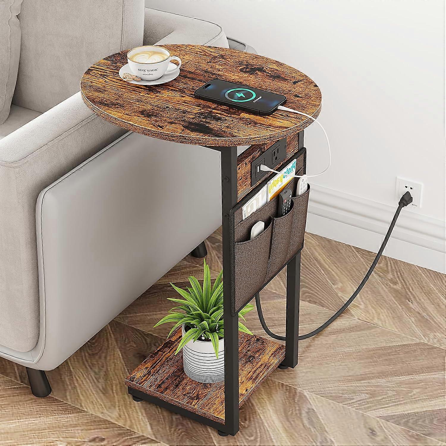 C Shaped End Table with Charging Station, Small Side Table for Couch, Compatible with TV Tray Slide Under Sofa, Metal Frame, Rustic Brown & Black