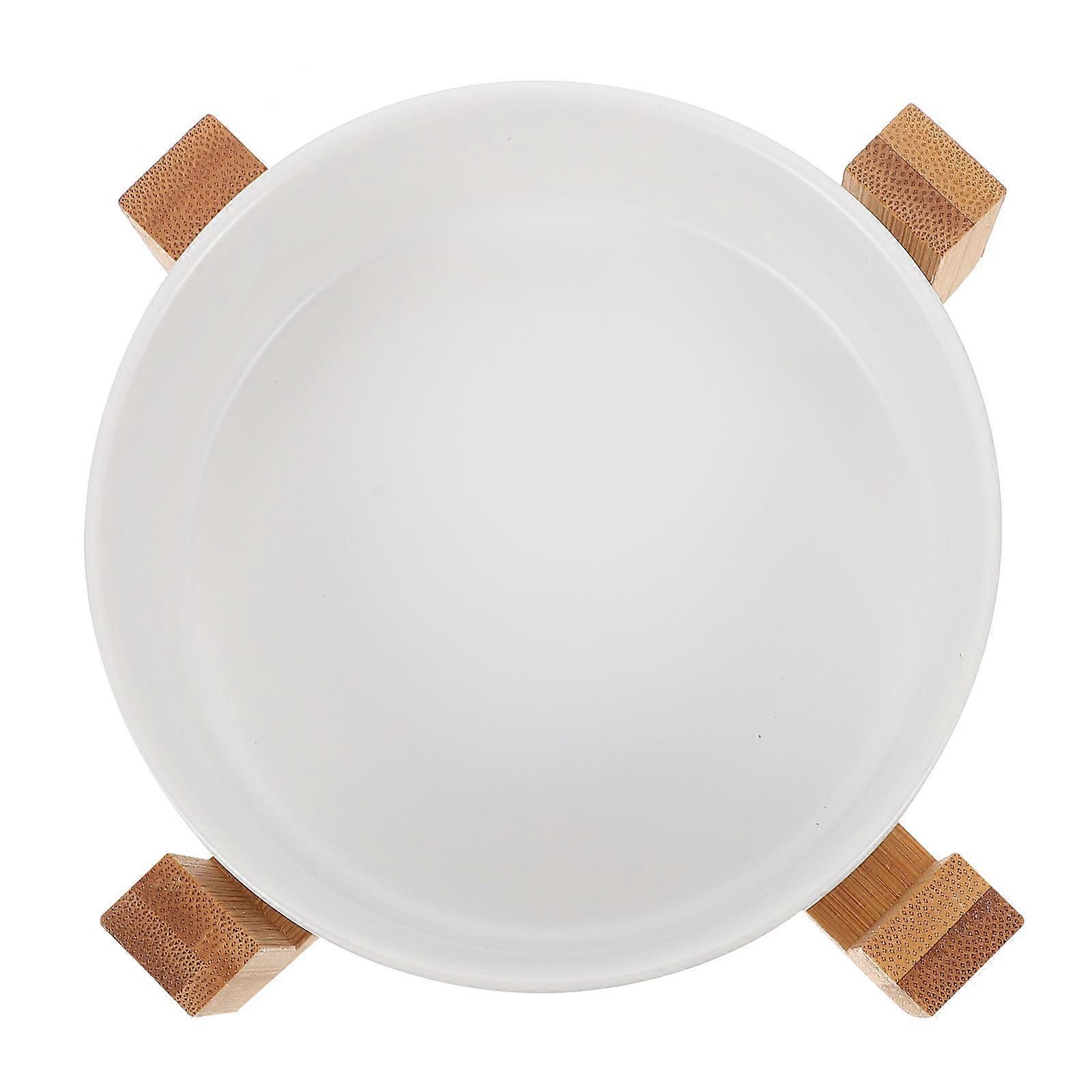 White Ceramic Cat Bowl with Wooden Stand for Raised Feeding 1Set