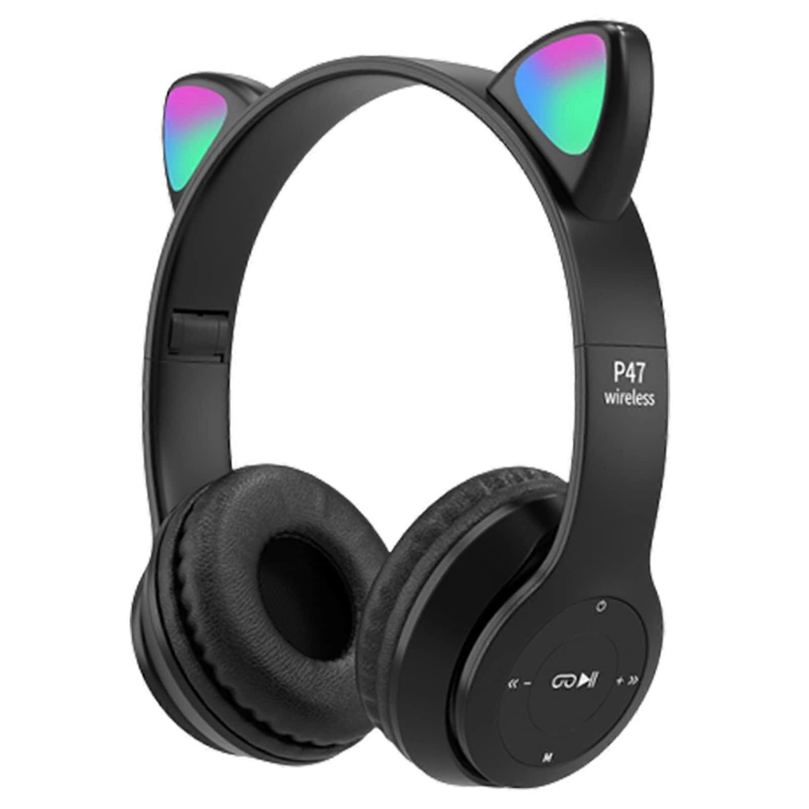 Wireless Kids Headphones Bluetooth Wired, 85/94 dB Volume Limiter, Microphone, LED CatEar Light, Black Small Earmuff