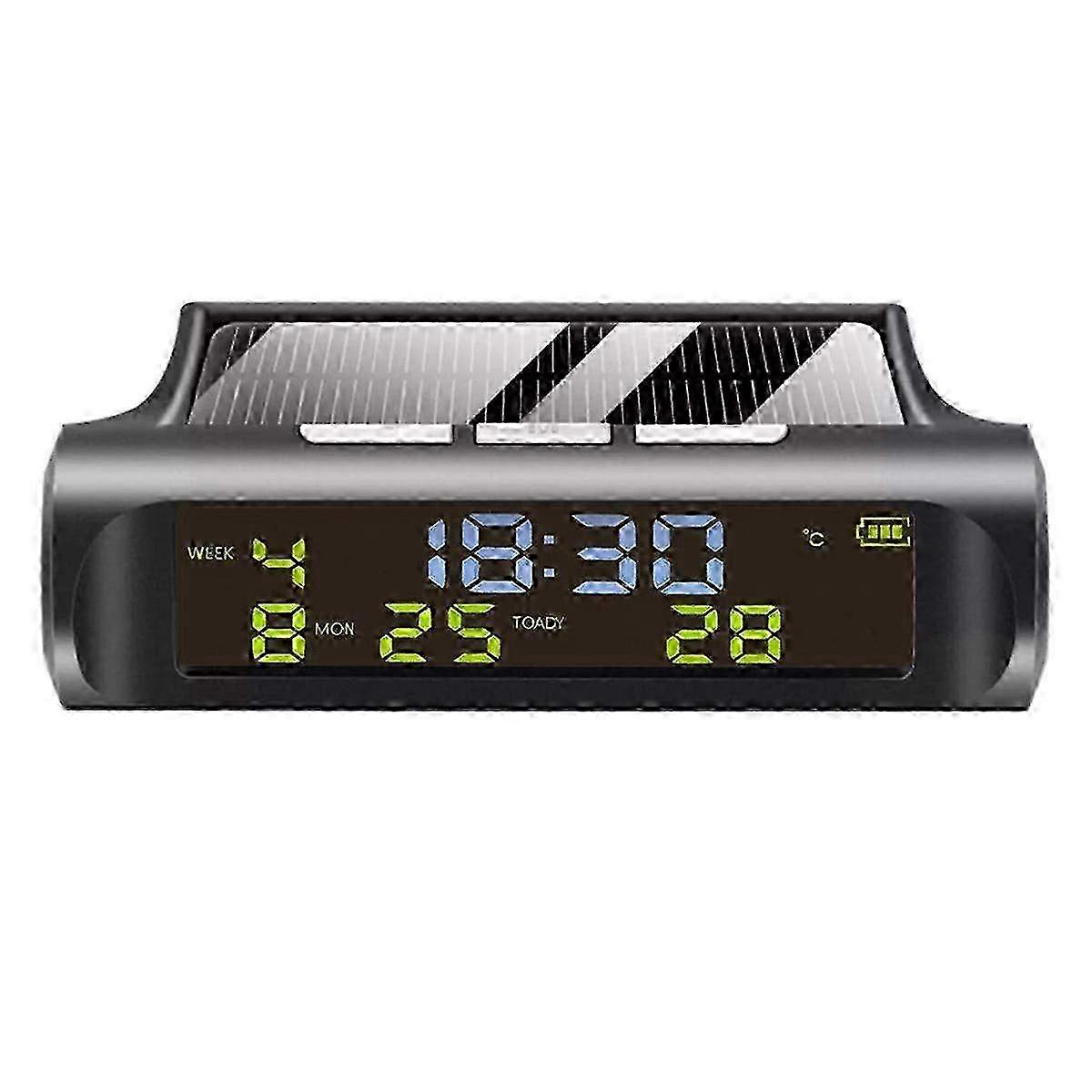 Solar Powered Car Clock with Automatic Time Sync, Week & Month Calendar, Temperature Display for Vehicles