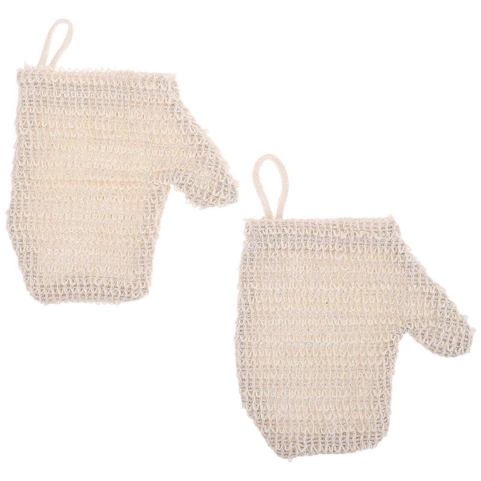 Beige Cotton Linen Bathing Scrubber Gloves for Deep Cleaning 2Pcs Reusable