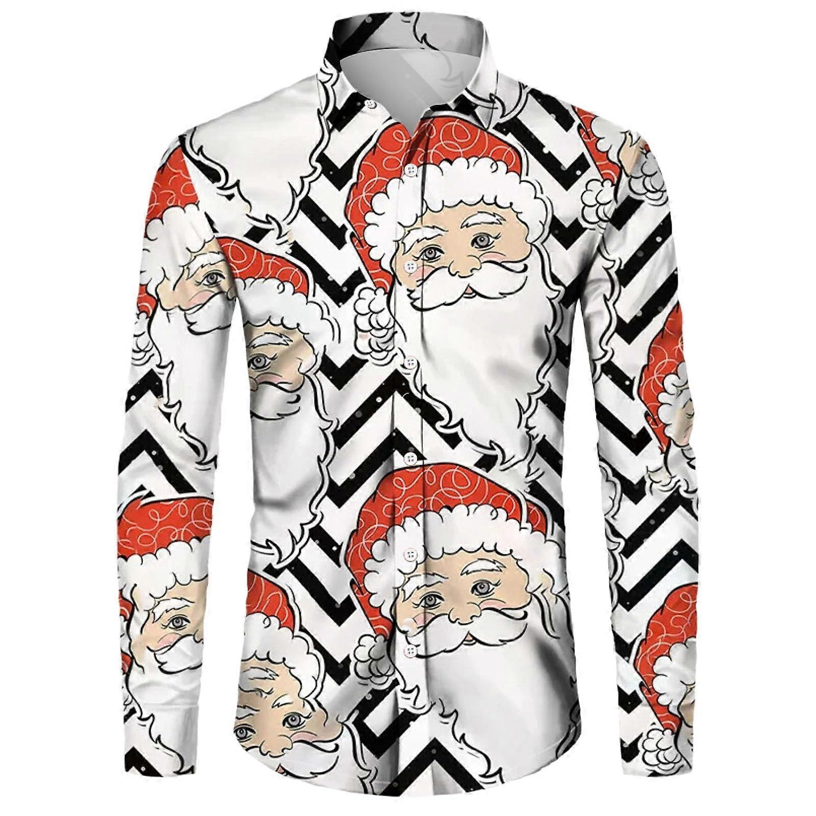 Christmas Shirt Men's Slim Fit, Xmas Printed Hawaiian Shirt, 3D Printed Breathable Undershirt, White Size M