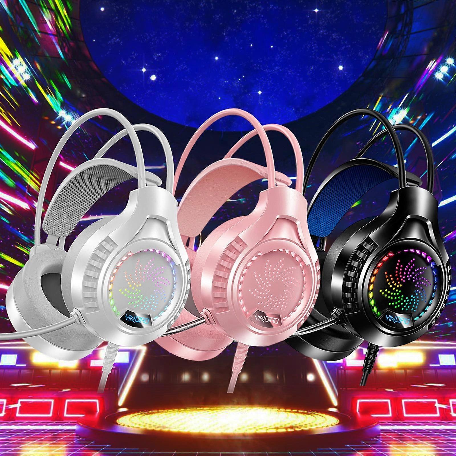 Jacenvly 2024 New Wireless Earphones Compatible with Gaming, Wired Headworn Computer Earphones with Illuminated Dual 3.5mm+USB Pink