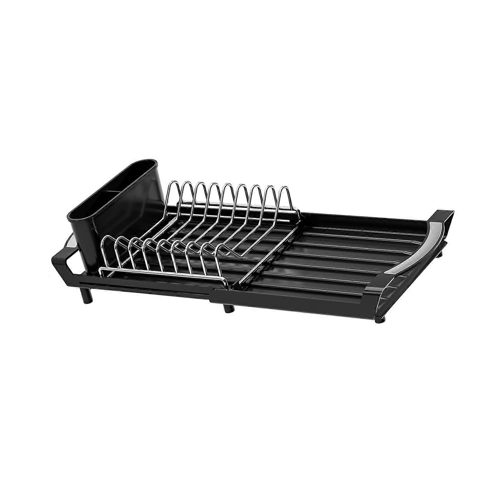 Extendable Dish Drying Rack Including Tool Owner and Efficient Drain Structure for Small Sectors 29.5 In Long  Black