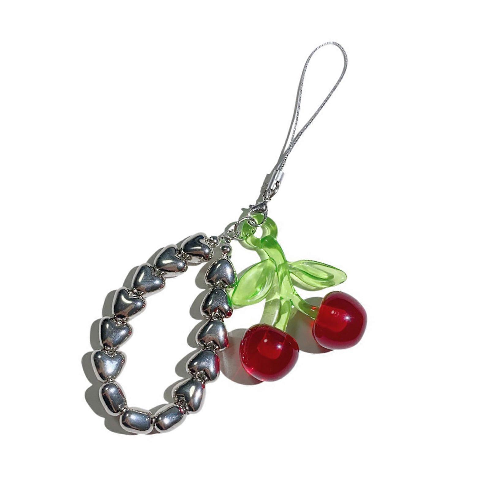 Artistic 3D Cherry Design Key Ring With Alloy Accents Lightweight Beaded Phone Chain Compact Cord Accessory  Red