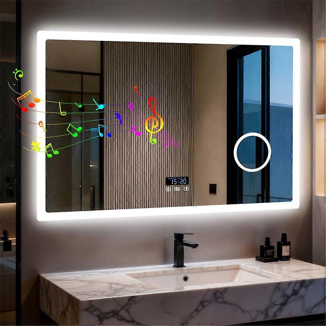 Miroir de salle de bain LED Bluetooth avec loupe, horloge, fonction de variation d'intensité lumineuse et 3 couleurs