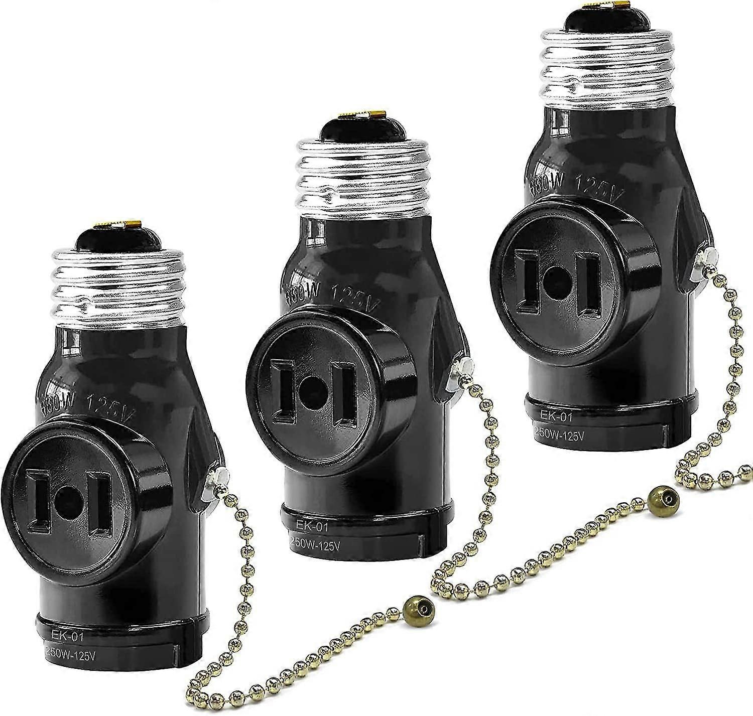 3 Pack E26 Light Socket Adapter - ul listed Adapter, Pull Chain Switch - Light Bulb Splitter to 2 Prong Polarized Outlet Socket for Attic, Workshop, L