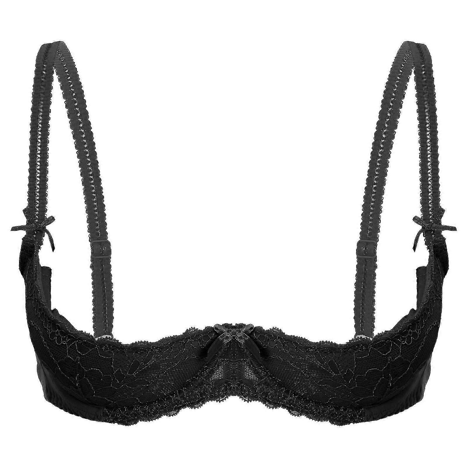 Sutiã feminino meia taça push-up com aro e renda, top de lingerie com bojo aberto, alças ajustáveis e bojo acolchoado.