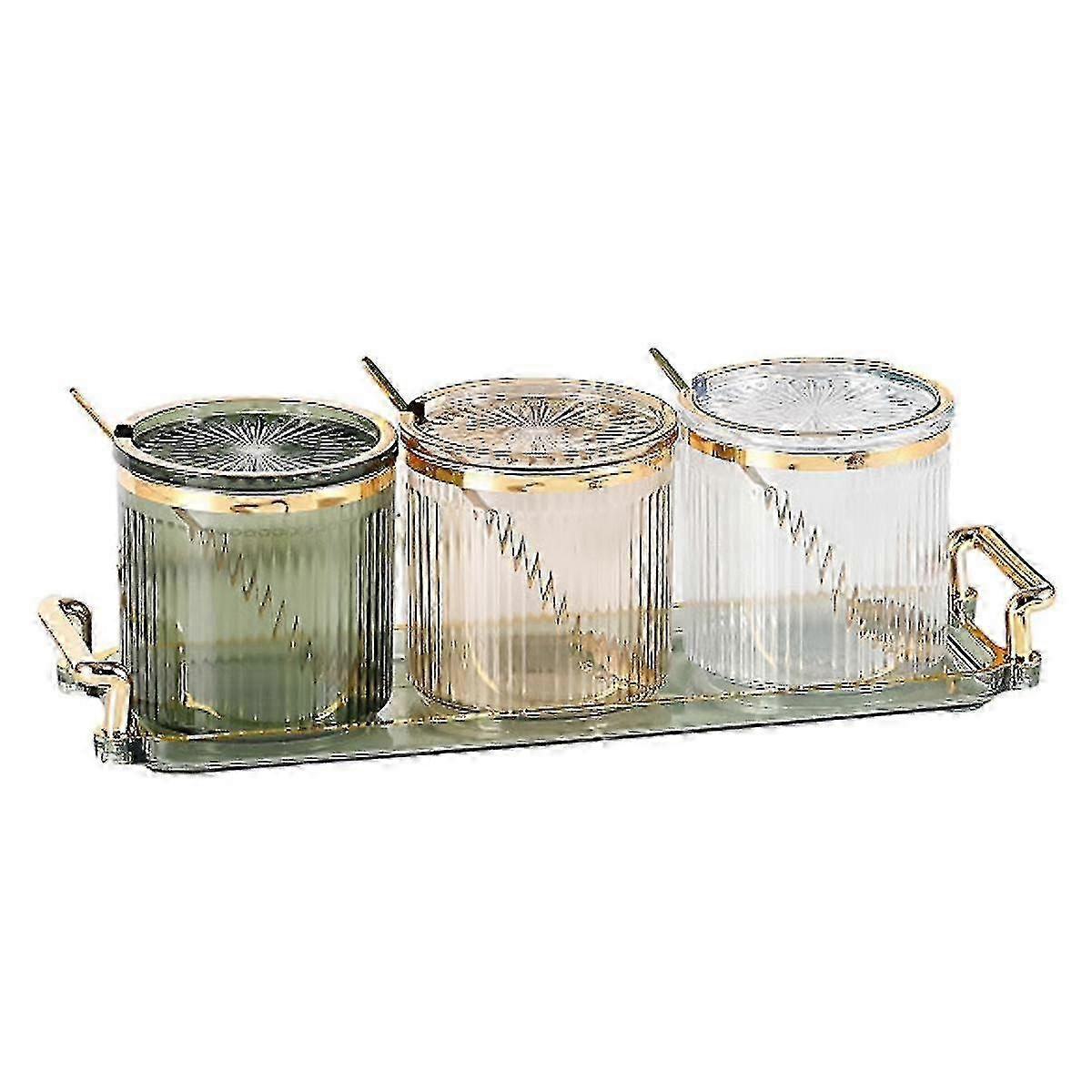 w Kxj-3 Pcs Acrylic Condiment Spice Jars,condiment Spice Box With Lids And Spoons And Tray,clear Plastic Seasoning Box Canistersset For