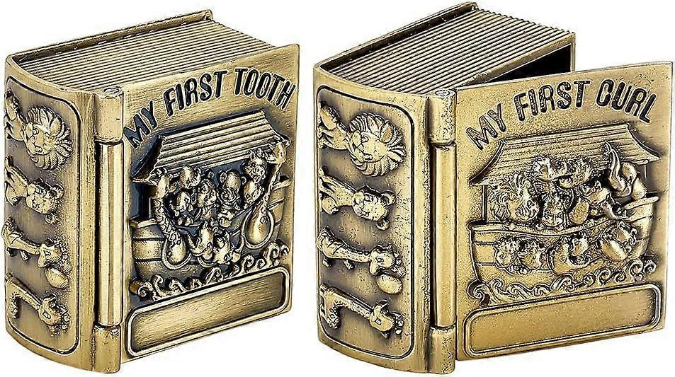 2PCS My First Curl and My First Tooth Keepsake Box Bronze Book Shaped Teeth Collection Organizer Holder First Curl and Tooth Keepsake Box for Babies t
