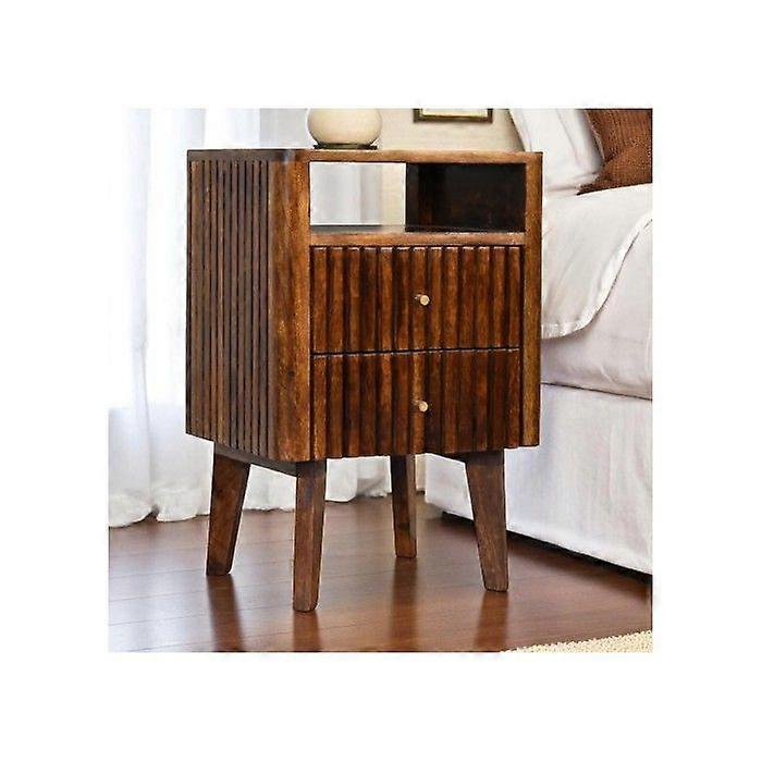 Solid Wood Reeve Bedside, 2 Drawers and Open Slot, Dark Brown