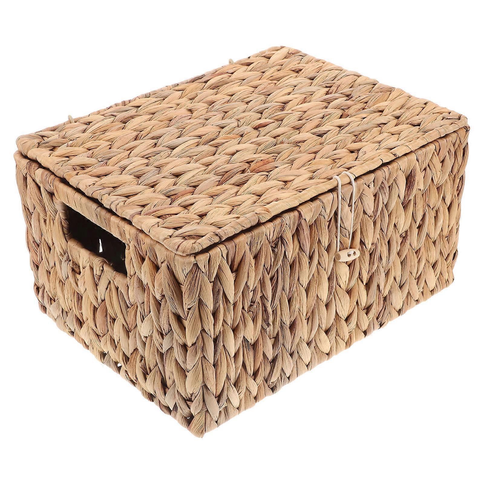 Rectangular Woven Straw Basket with Lid for Home Storage and Organization Light Brown