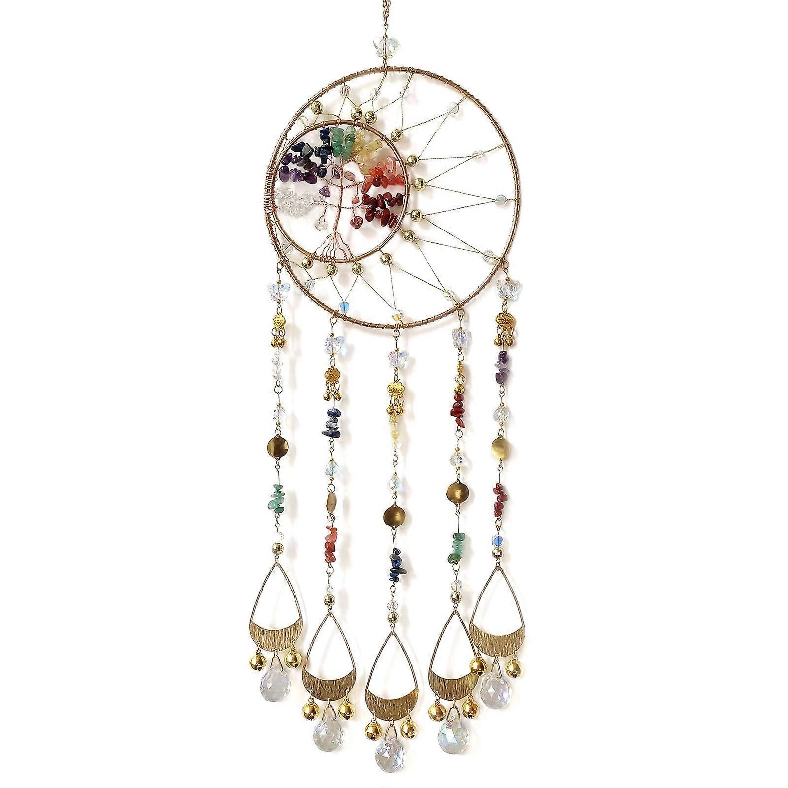 Handmade Tree of Life Dream Catcher with Crystal – Colorful Bohemian Wall Hanging Decor for Home