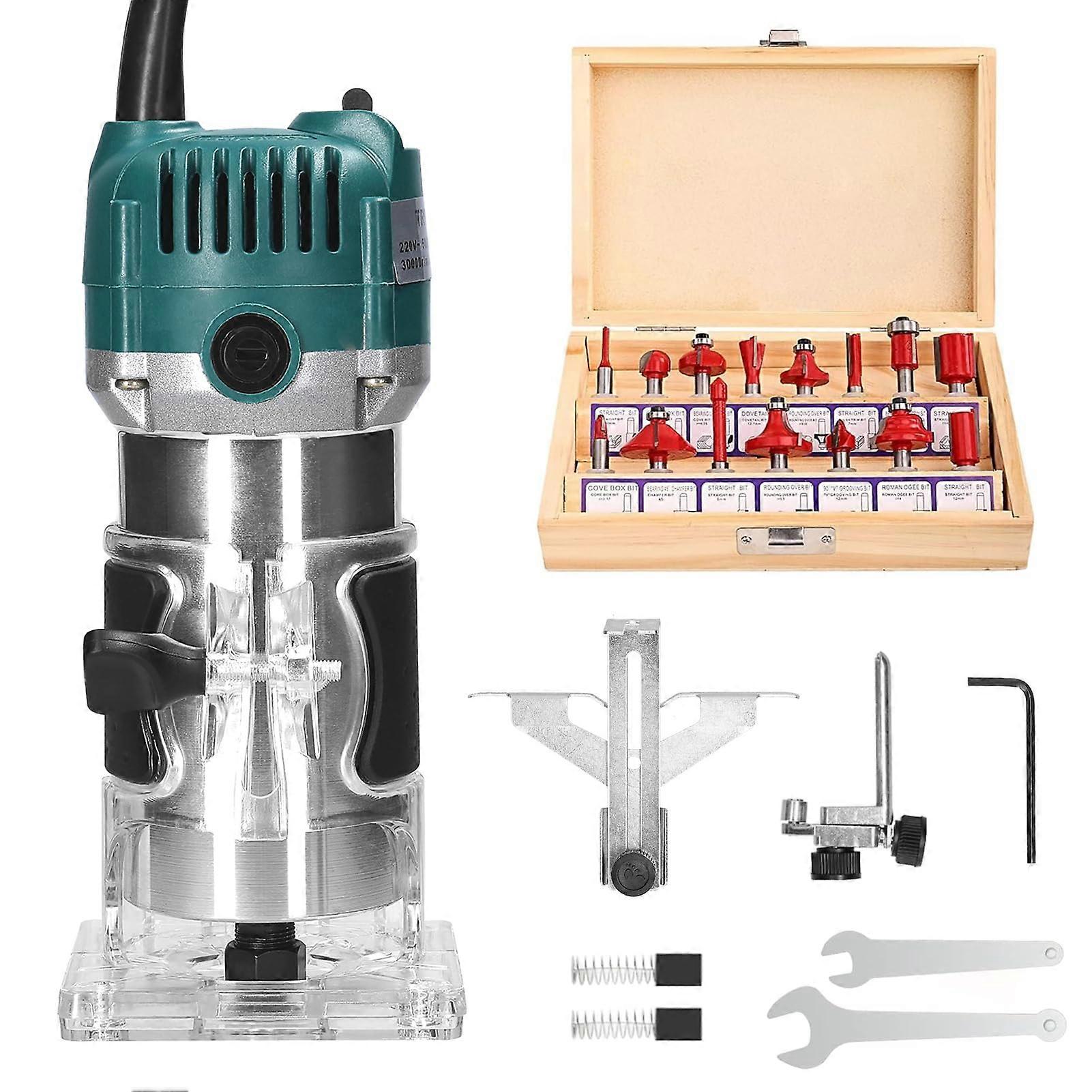 Wood Router 800W Electric Handheld Router 30000RPM 6Speed with 15pc Bit Set for Woodworking