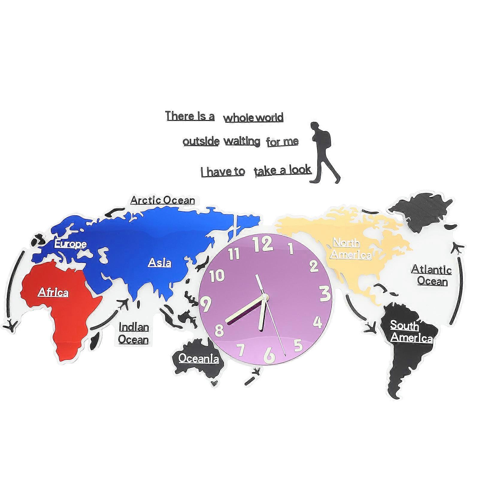 Decorative Wall Clock World Map Acrylic Hanging Clock for Kitchen 1Set