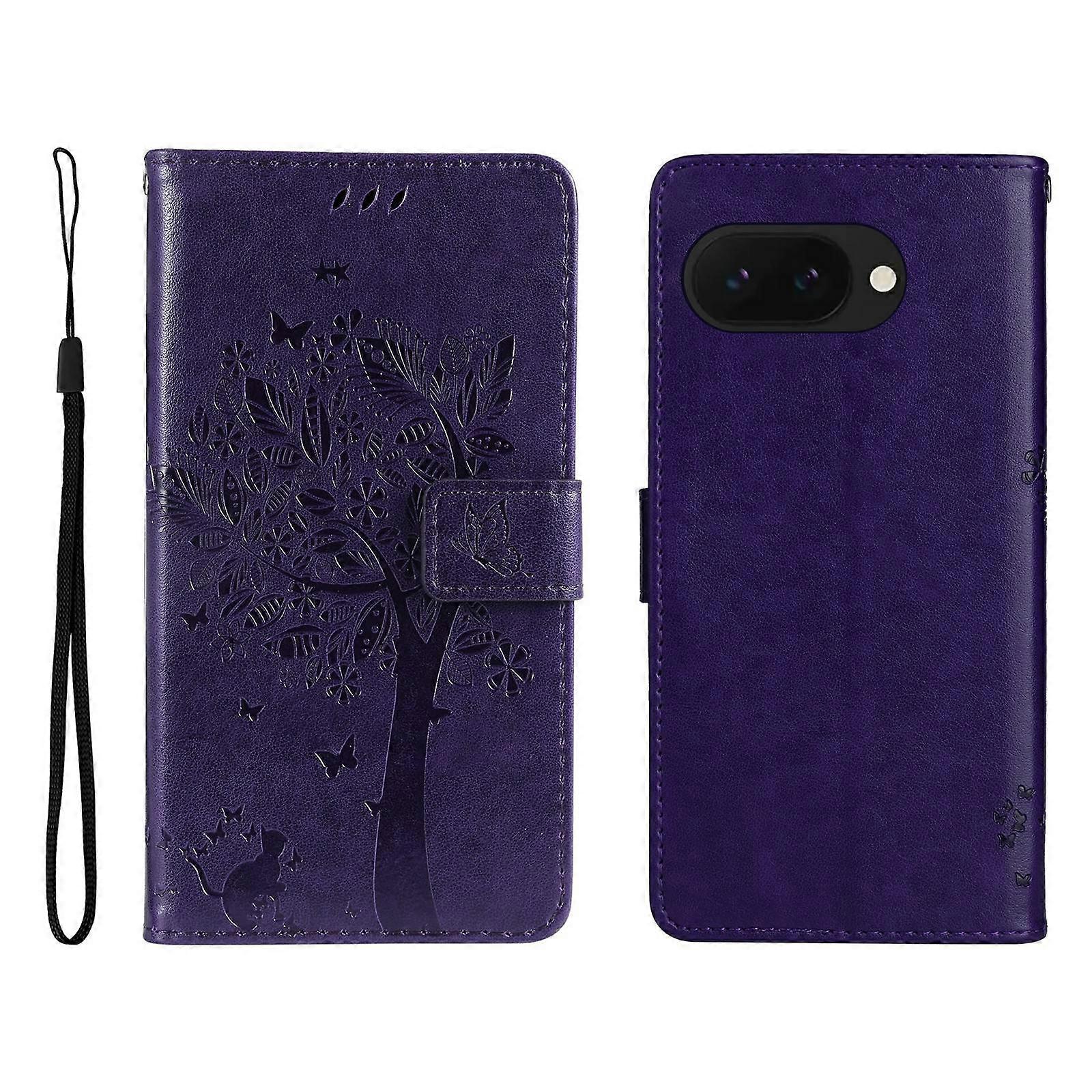 For Google Pixel 9a Phone Case with Stand Cat Tree Pattern Leather Wallet Mobile Cover 