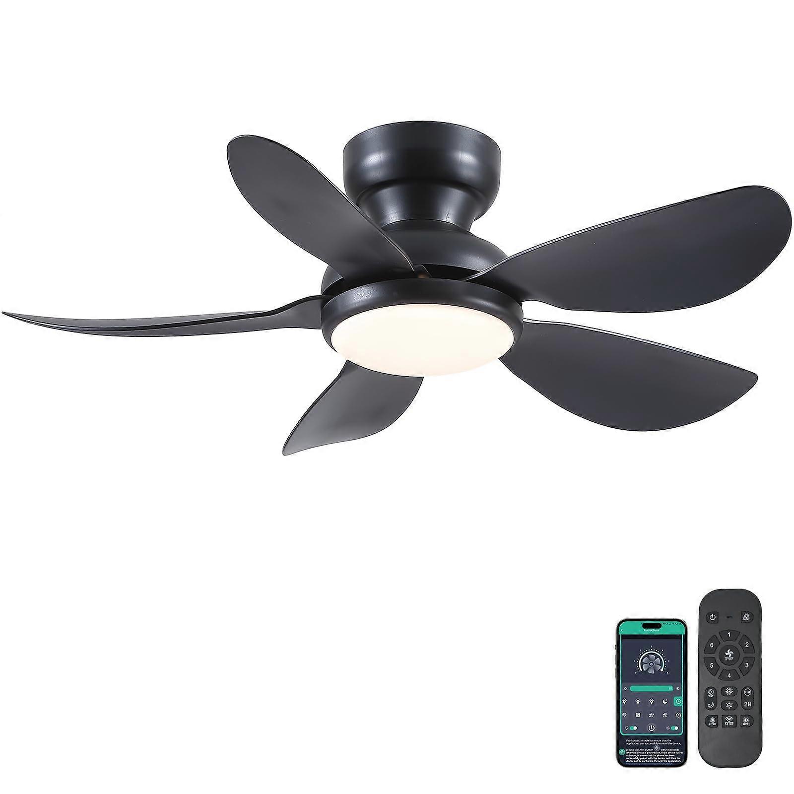 36 Inch Flush Mount Ceiling Fan with Light and Remote, Smart App Control, Dimmable LED, Black