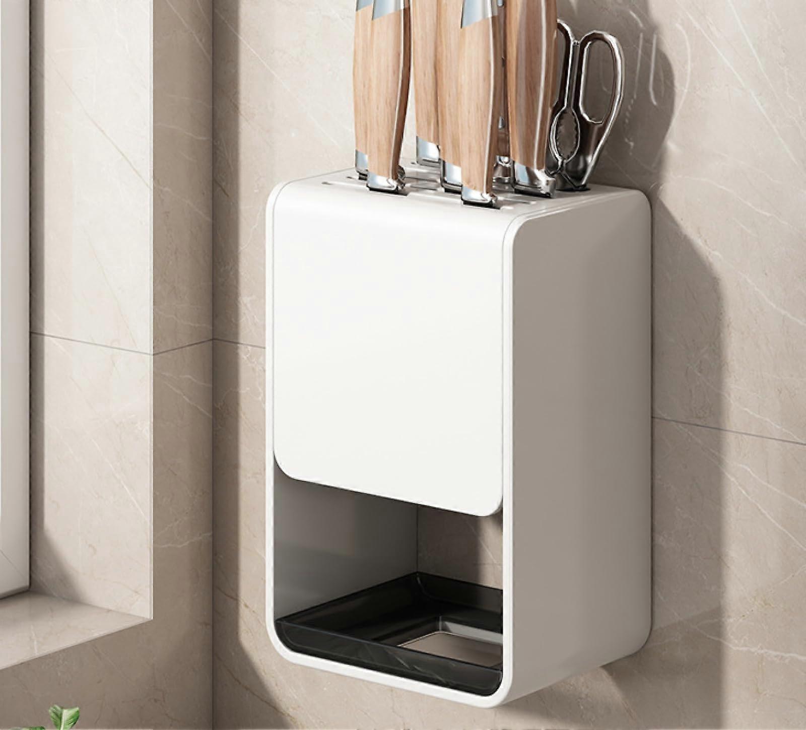 Kitchen Utensil Holder with Rustproof DualUse Wall Mounted Knife Organizer, White Storage Rack