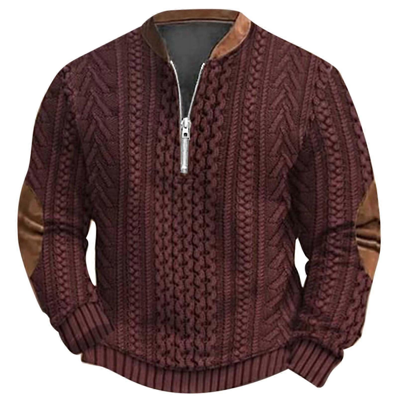 Men's Wine Red Half Zip Knit Pullover Sweater Soft Lining Gothic Vintage Winter Jumper
