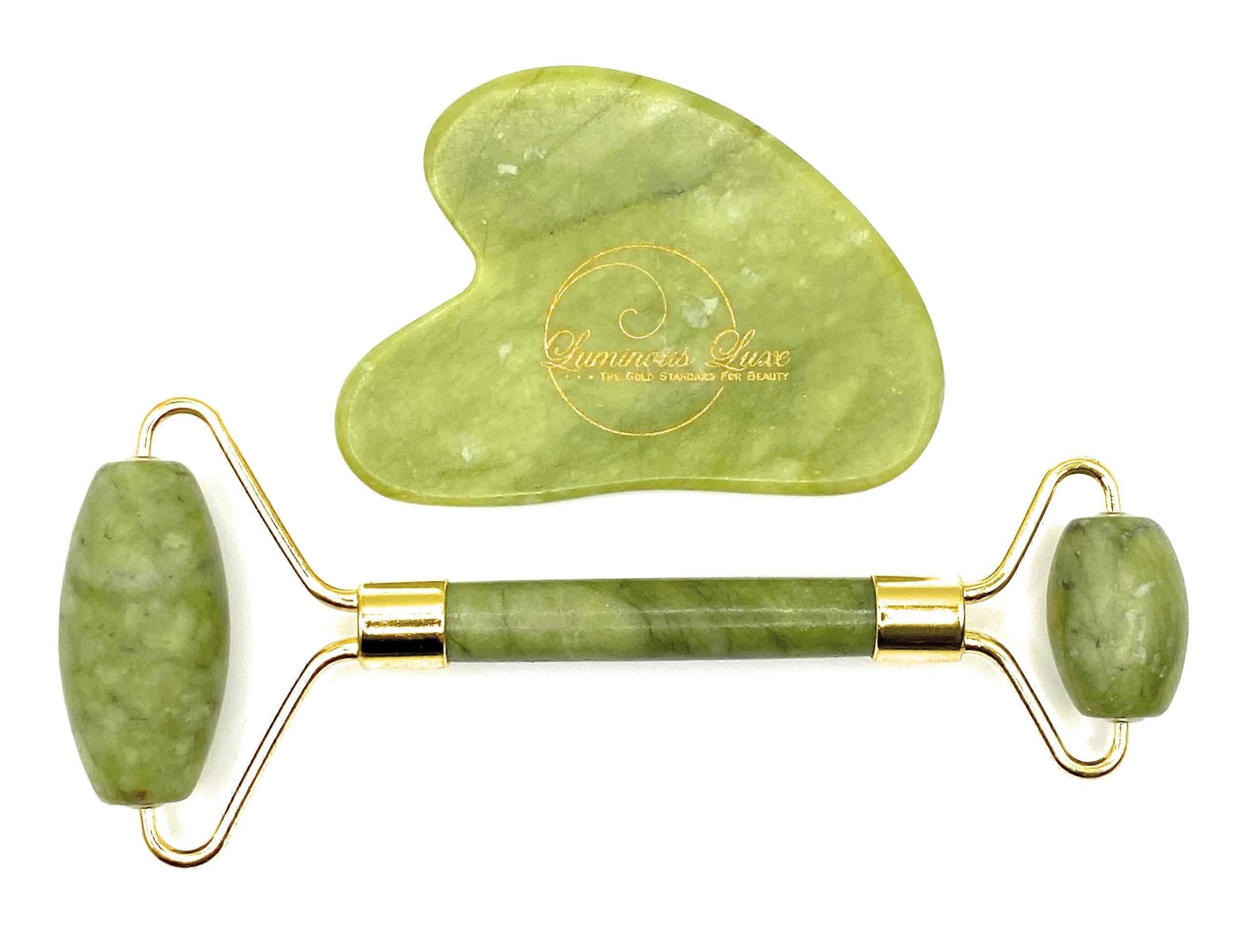 Authentic Jade Roller and Gua Sha Set for Face and Neck, Reduce Puffiness and Improve Circulation