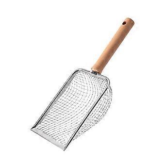 Kattsandskopa i rostfritt stål med långt handtag i metall, siktnät och ergonomiskt grepp
