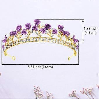 Purple Rose Tiaras Bridal Wedding Queen Crowns Gold Flower Baroque Princess Crown Pearls Crystal Gold Headbands Rose Flower Jewelry for Women Girls