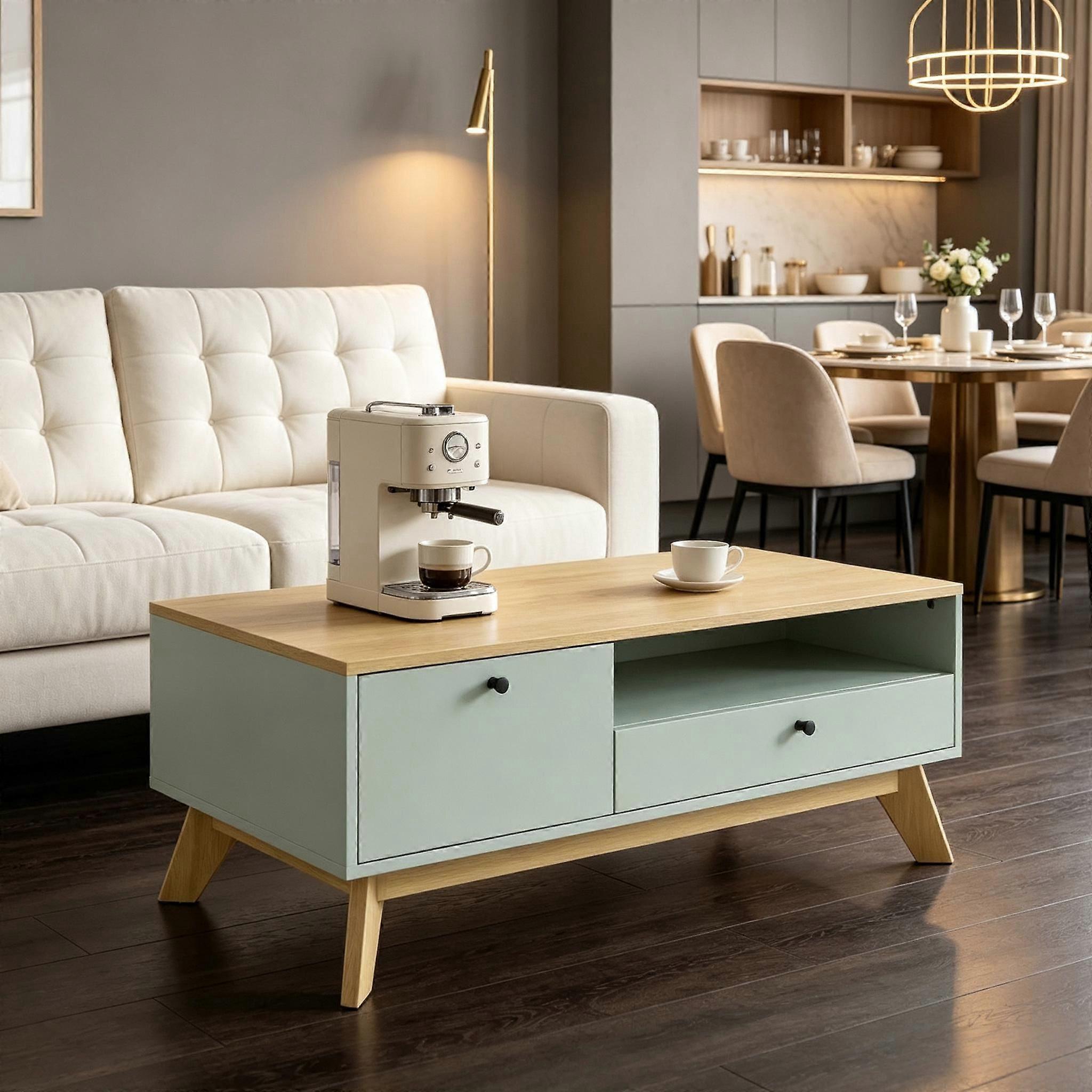 Coffee table, rectangular side table with drawer, door and open compartment,