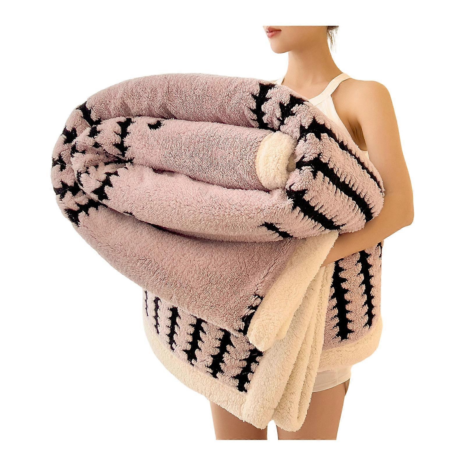 Boho Geometric Pattern Throw, Double-Layer Plush Fuzzy Blanket for Warmth