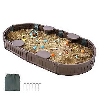 Sandkasten mit Abdeckung, 72 x 41,5 x 9,1 in ovalem Sandkasten, mit 4 Ecksitzen und Bodenauskleidung, Geschenk für Jungen Mädchen im Alter von 3-12 Jahren, braun