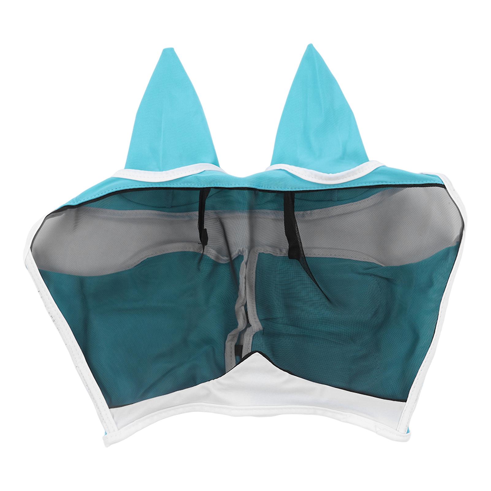 Horse Fly Mask Large Blue Soft Breathable Elastic Knitted Fabric Anti Mosquito Anti Fly Horse Face Mask with Ears Hook and Loop Closure