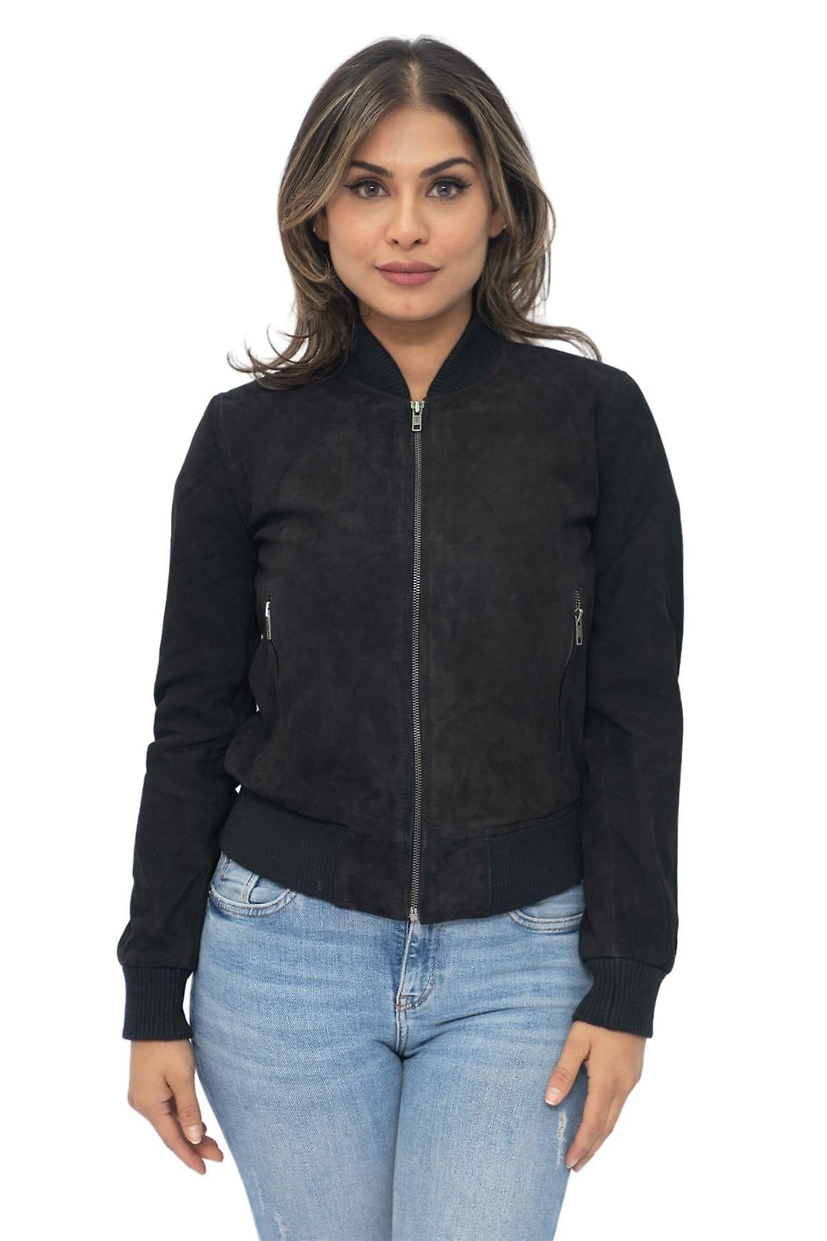 Infinity Leather Women's Black Suede Classic Ma-1 Suede Leather Bomber Jacket Medium