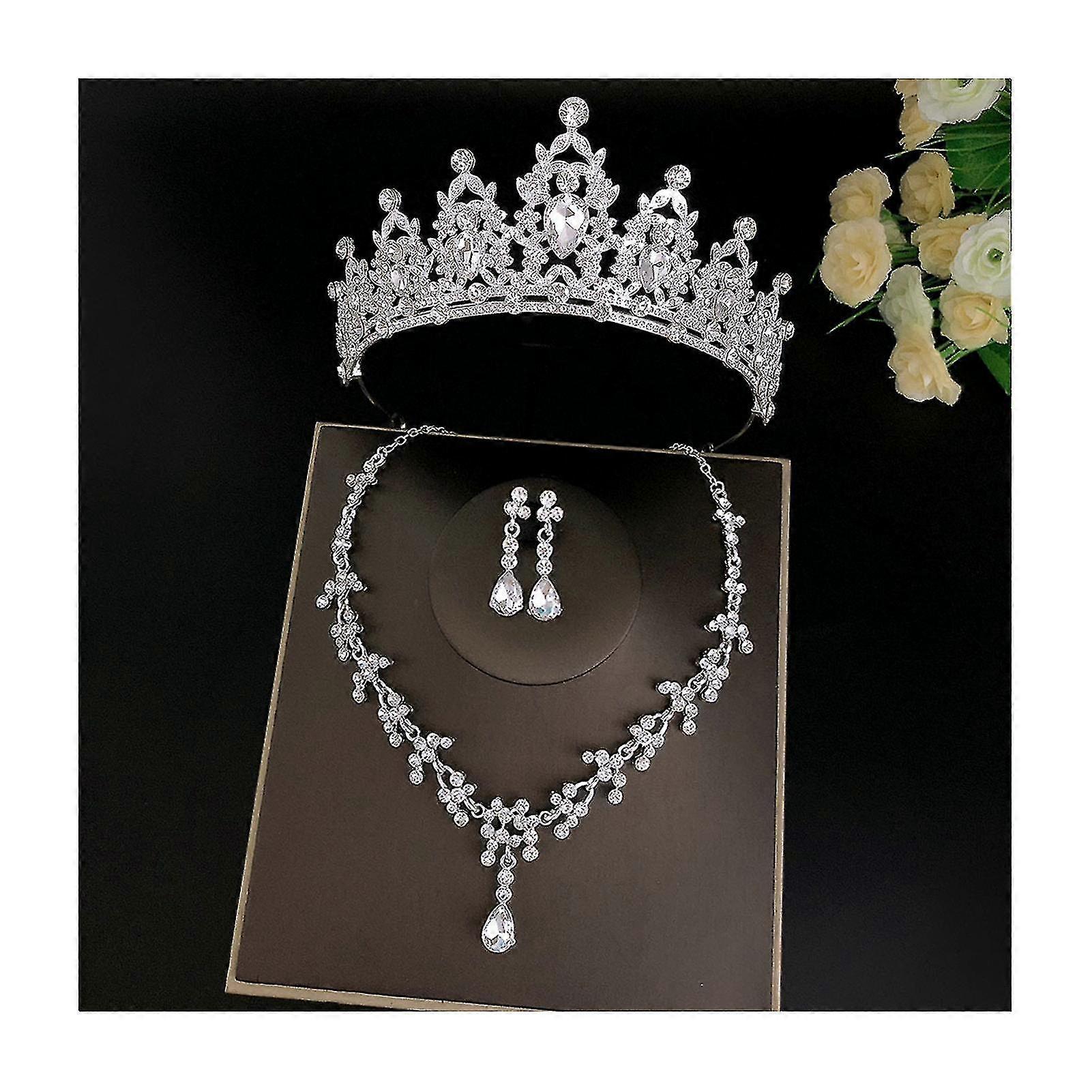 حفل زفاف تاج الزفاف طقم التاج مع طقم القرط و Necklack اليدوية الفاخرة كريستال اكسسوارات الشعر